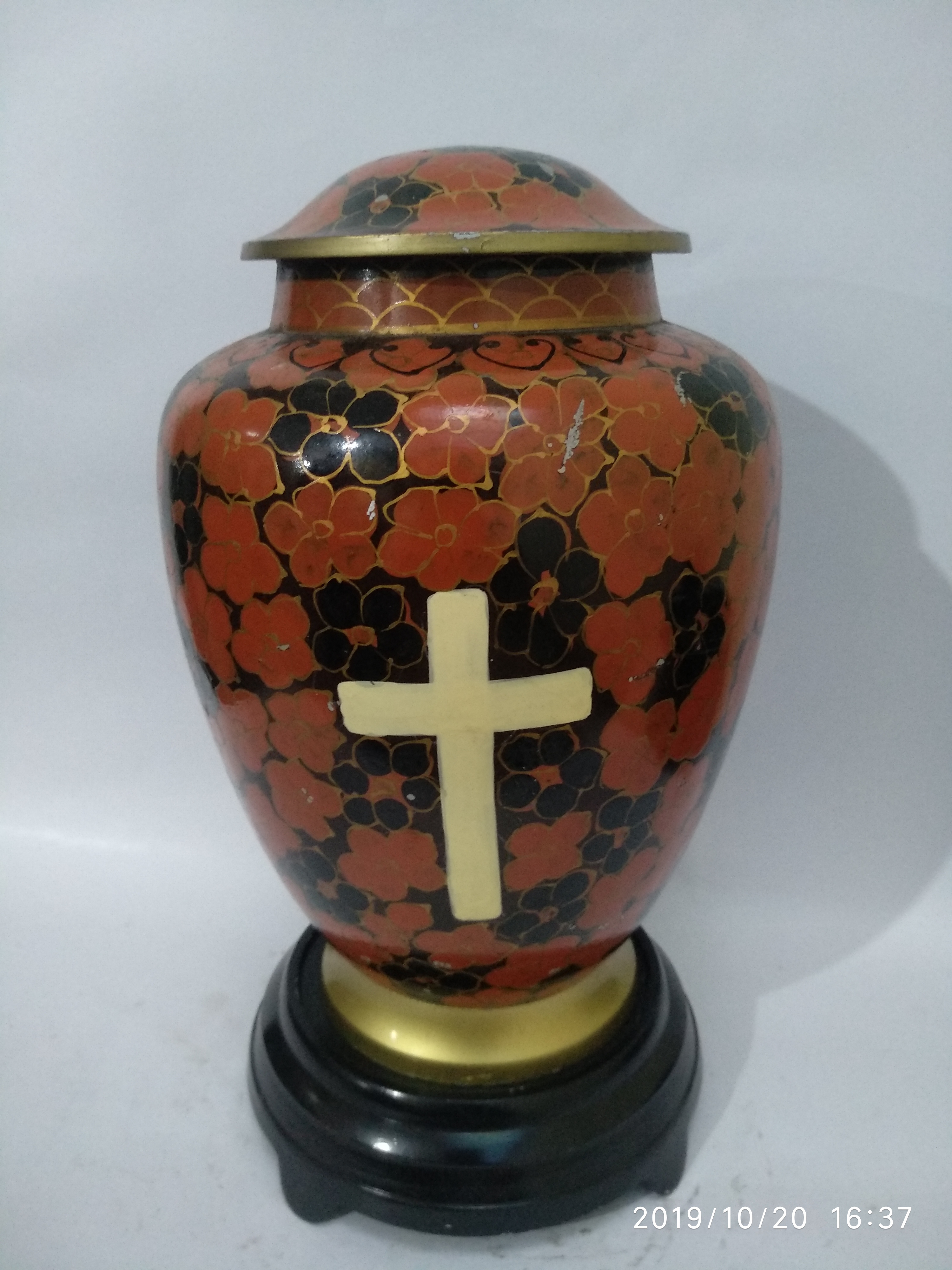 Cloisonne Vase Cremation Urn with Cross