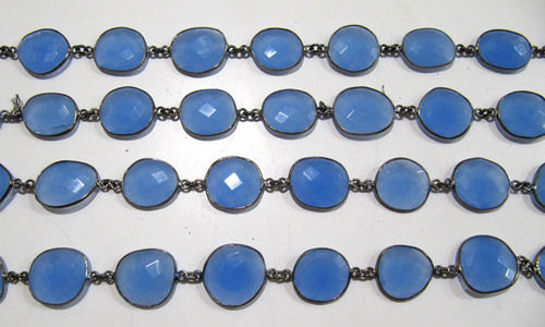 Natural Aqua Blue Chalcedony Free Shape Connector Chain Bezel Chain