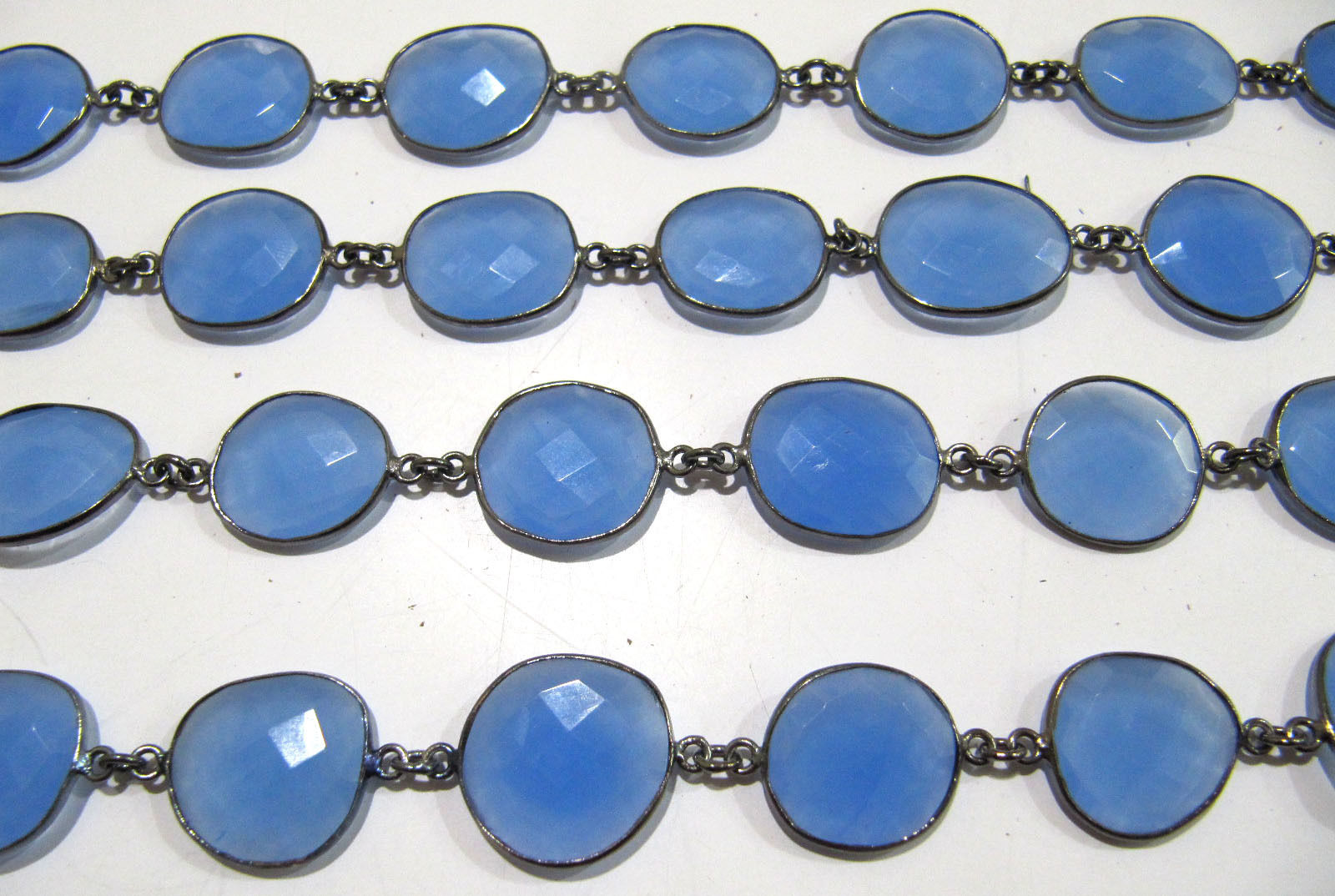 Natural Aqua Blue Chalcedony Free Shape Connector Chain Bezel Chain