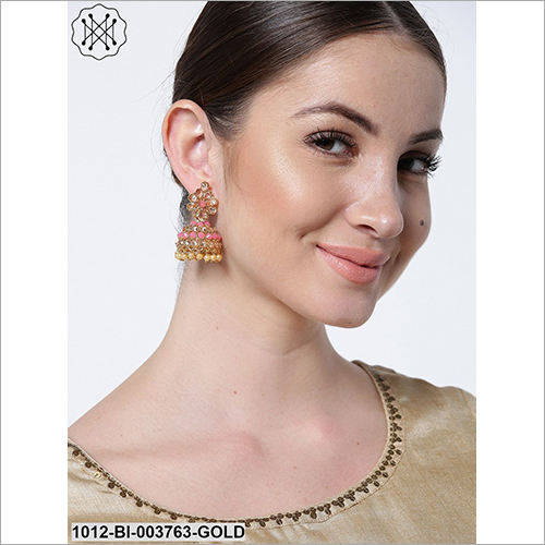 Ladies Studded Jhumka - Metal Stone Bead | Elegant Earrings for Anniversary Engagement Gift Party Celebrations