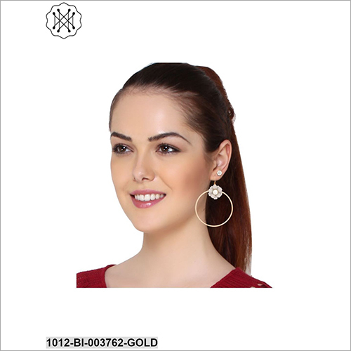 Ladies Gold Plated Round Earrings - Metal with Bead Design | Ideal for Anniversary, Engagement, and Gift Occasions