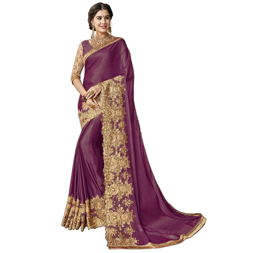 Purple Heavy Embroidered Border Lycra Saree