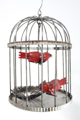 White Wrought Iron Bird Cage With Cardinal