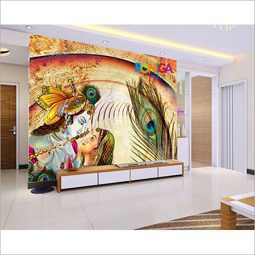 Drawing Room Customized Wallpaper - PVC, Customized Size, Lord Krishna & Peacock Design, Waterproof & Scratch-Free | Digital Printed, 400 GSM to 1mm Thickness