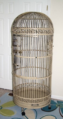Large Vintage Wrought Iron Ornate Beige Bird Cage