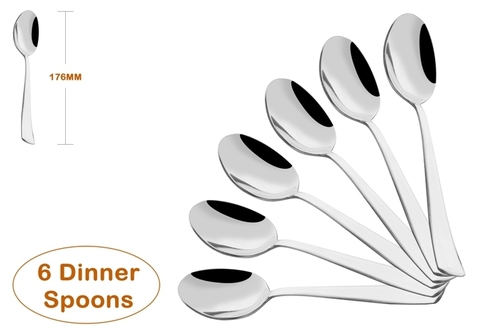 Shapes Opera Dinner Spoon 6 Pcs - Stainless Steel, Silver Color, Mirror Finish | Elegant Design, Thick Stems for Durability, Smooth Edges for Style and Safety