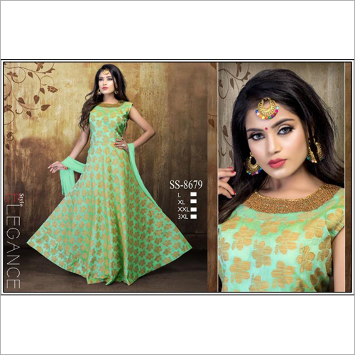 Ladies Printed Anarkali Suit - Pastel Green with Golden Embroidery | Custom Size, Washable, Perfect for All Seasons