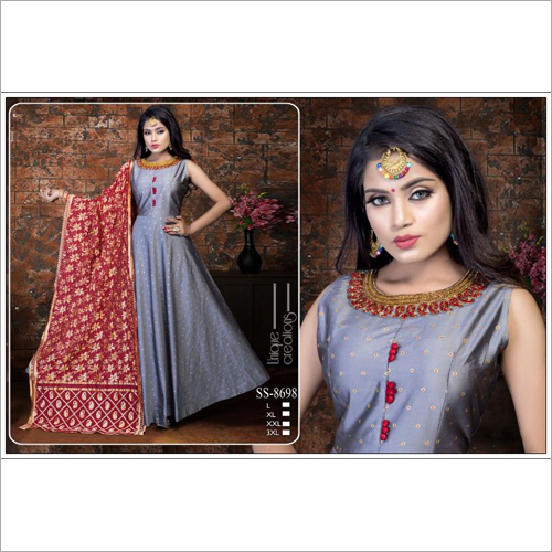 Ladies Round Designer Suit - Cotton Blend, Customizable Sizes | Grey Color with Maroon Buttons and Matching Dupatta, Washable for All Seasons