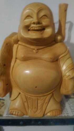 Polishing Hand Carved Wooden Laughing Buddha Stending 15 Cm