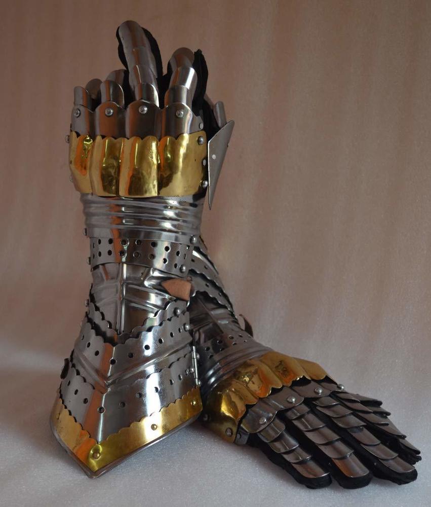Gauntlet Gloves Armor Pair W Brass Accents - Medieval Knight Crusader - Steel (Brass)