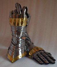 Gauntlet Gloves Armor Pair w Brass Accents - Medieval Knight Crusader - Steel (Brass)