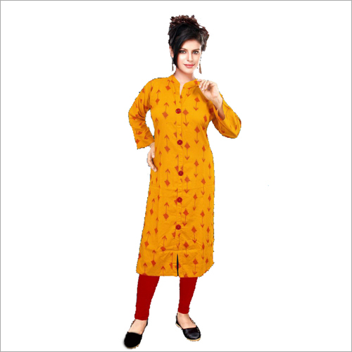 Daily Wear Cotton Kurti - Rayon Fabric, Available in L, XL, XXL Sizes, Yellow Color, 3/4th Sleeve, Trendy Style, Low Slit Front, Suitable for All Age Groups, Machine Washable