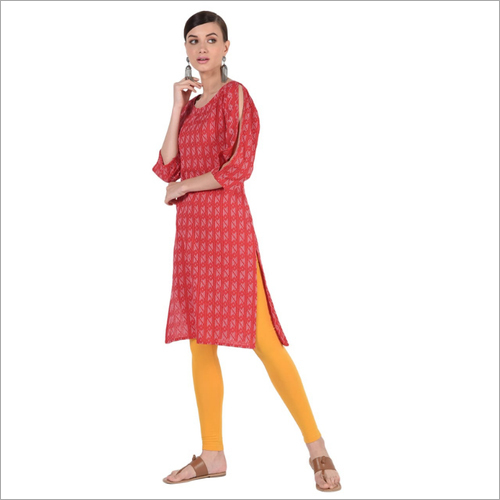 Womens Printed Cotton Kurti - Knee Length, Pink Color, 3/4th Sleeve Style | Casual Wear, Cold Shoulder Design, Loose Fit, Round Neck