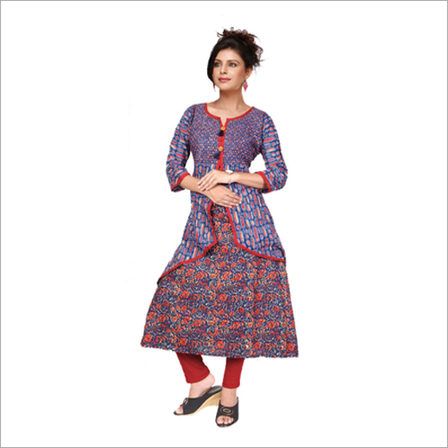 Cotton Printed Anarkali Kurti - Machine Washable, 3/4th Sleeve, Blue Layered Design | Multicolor, Quick Dry, No Fade, Ideal for All Seasons