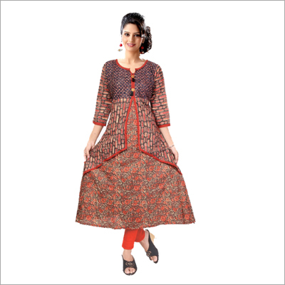 Cotton Anarkali Kurti - Knee Length, Red Color, 3/4th Sleeves | Casual Wear for Ladies, Multicolor Options, Machine Washable, Trendy Design