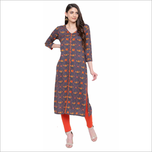 A-line Rayon Printed Kurti - Long Sleeve, Multicolour, Washable | Quick Dry, Fade Resistant, Stretchable for All Seasons