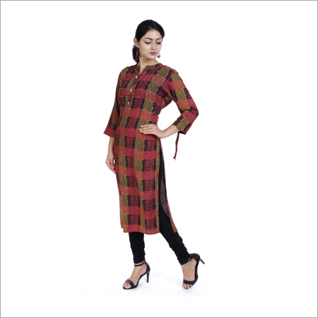 Rayon Check Kurti - Straight, 3/4th Sleeve, Black | Soft Texture, No Fade, Quick Dry, Casual Style for Ladies