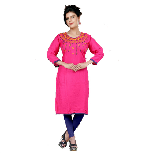 Pink Designer Kurti - Cotton Anarkali Kurti, Size L/XL/XXL, Traditional Embroidered Style, Long Sleeve, Quick Dry, Washable, No Fade