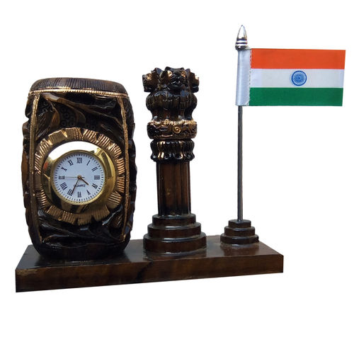 Antique Wooden Clock Pen Stand With Ashok Stambh And Flag