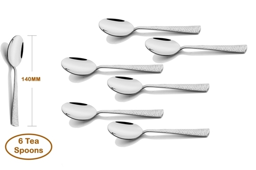 Hammer Stainless Steel Tea Spoon 6 Pcs - Stainless Steel, Mirror Finish, Silver Color | Durable Design with Thick Stems and Soft-Curved Edges
