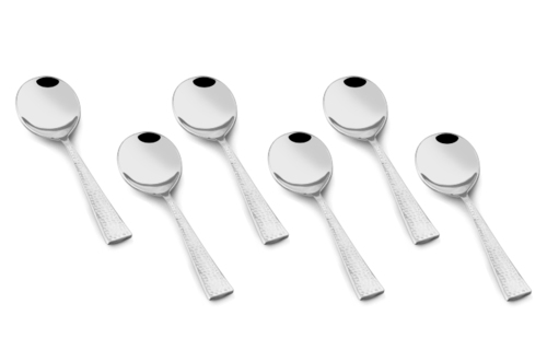 Shapes Hammer Soup Spoon 6 Pcs - Stainless Steel, Durable Design, Silver Color, Mirror Finish | Elegant Curved Edges, Practical Cutlery Set