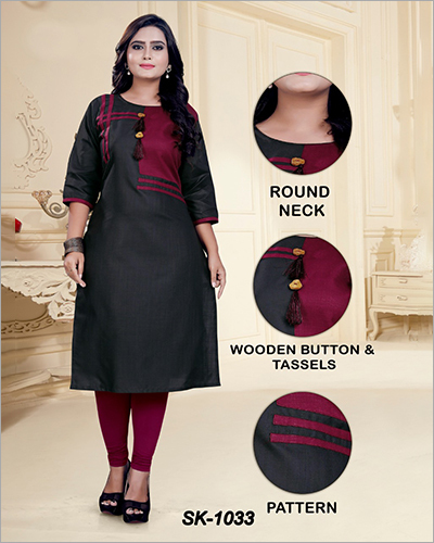 Kurti - Heavy Cotton, Sizes M-38 to XXL-44, Length Up to 44" | Features Wooden Buttons, Tassels, Washable, 3/4 Sleeve Style, Plain Pattern