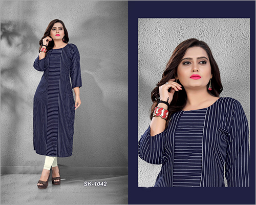 Ladies Striped Cotton Kurti - Heavy Rayon (14Kg Quality), Sizes M, L, XL, XXL, Length: Up to 42", 3-4th Sleeve Style, Washable, Printed Fabric, Available in Various Colors