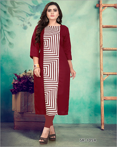 Ladies Casual Printed Cotton Kurti - Cotton, M-XXXL Sizes, Maroon Color | 3-4th Sleeves, Suitable for All Seasons, Formal & Casual Wear