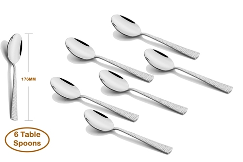 Hammer Stainless Steel Table Spoon 6 Pcs - Stainless Steel, 6 Pcs, Silver Color | Mirror Finish, Thick Stems for Durability, Soft-Curved Edges