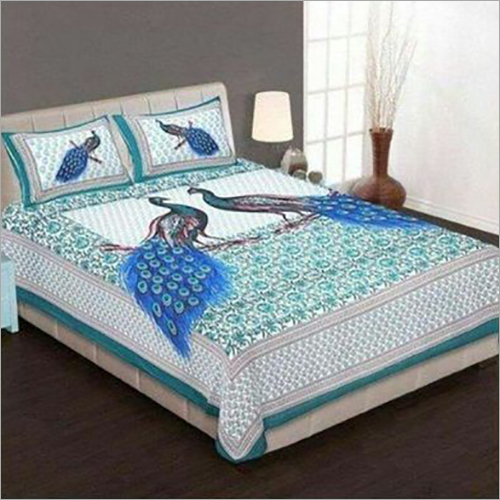 White And Green Printed Double Bed Sheet