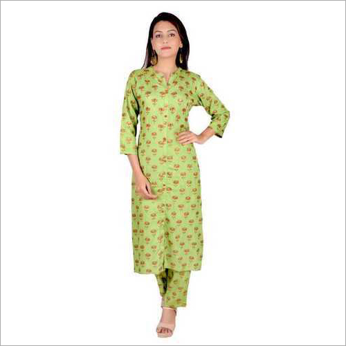 Available In Multicolour Green Cotton Kurti Pant Set