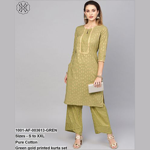 Pure Cotton green Gold Printed Kurta Set