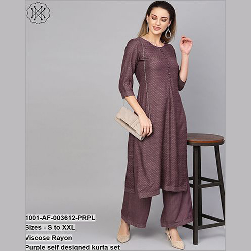 Visose Rayon Purple Self Designed Kurta Set