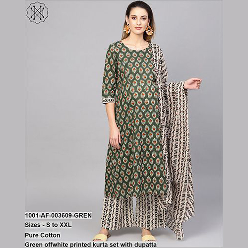 Green Off White Printed Kurta Set With Dupatta