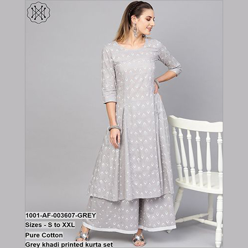 Grey Khadi Printed Kurta Set