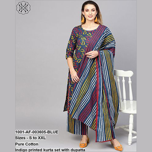 Indigo Printed Kurta Set With Dupatta