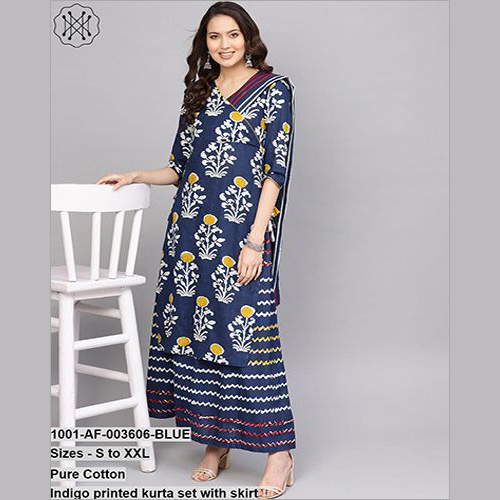 Pure Cotton Indigo Printed Set With Skirt