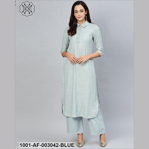 Blue Gold Self Designed Kurta Set With Skirt