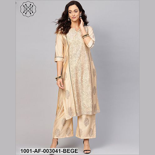 Beige Block Printed Kurta Set
