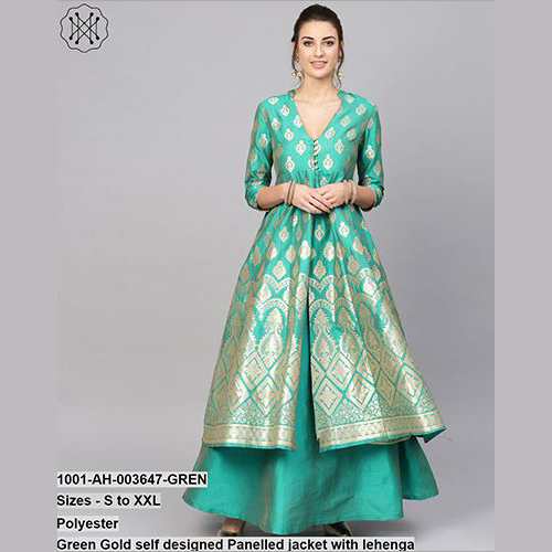 Green Gold Self Designed Panelled Jacket With Lehenga