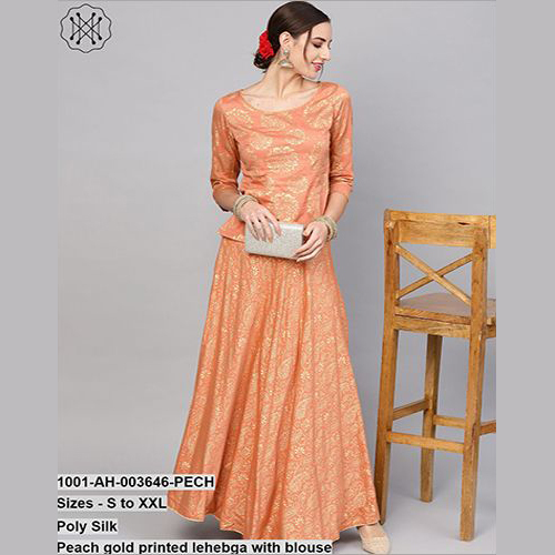 Peach Gold Printed Lehebga With Blouse
