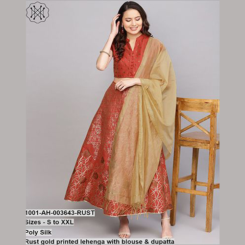 Rust Gold Printed Lehenga With Blouse & Dupatta