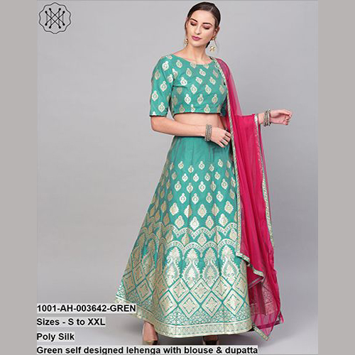 Green Self Designed Lehenga With Blouse & Dupatta