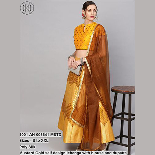 Mustard Gold Self Design Lehenga With Blouse And Dupatta