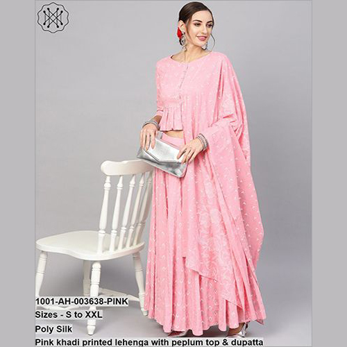 Pink Khadi Printed Lehenga With Peplum Top & Dupatta