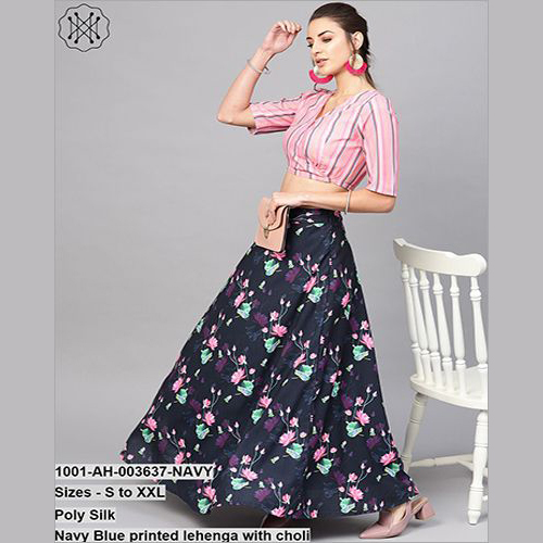 Navy Blue Printed Lehenga With Choli