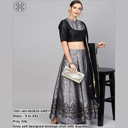 Grey Self Designed Lehenga Choli With Dupatta