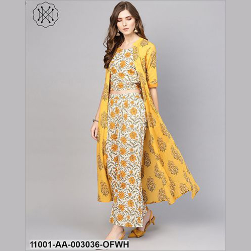 Yellow Printed Trouser With Crop Top And Jacket