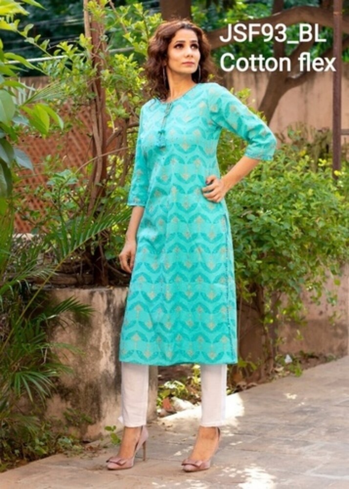 Blue Cotton Embroidered Kurti - Sizes L, M, XL, XXL | 3/4 Sleeve, Cool Dry, Washable, Casual & Formal Wear