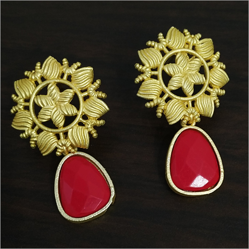 Matt Golden Jaipuri Red Stone Earrings